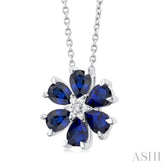 4X3 MM Floral Pear Cut Sapphire and 1/50 Ctw Round Cut Diamond Precious Pendant With Chain in 14K White Gold